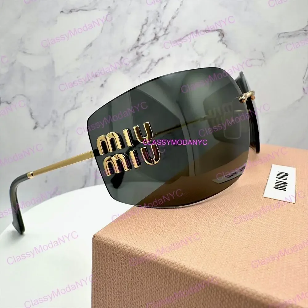 New MIU MIU Sunglasses Gold Rimless Wrap Square Oversized MIU MIU Logo Italy
